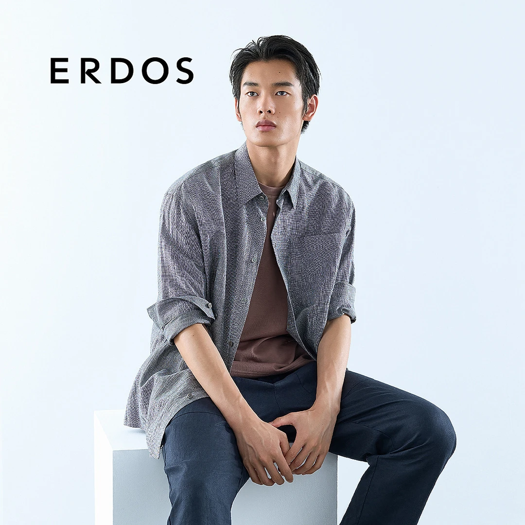 ERDOS 男装棉麻衬衫25年春夏新品抽褶格纹布宽松微落肩休闲衬衣