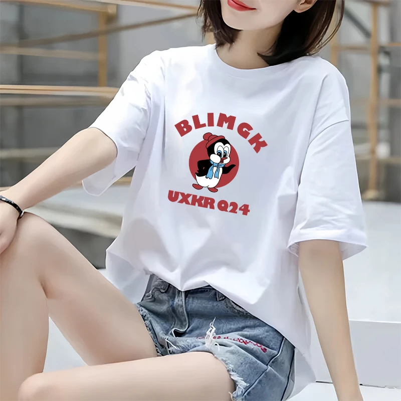 2025春季韩版白色短袖t恤女中长款宽松圆领纯棉印花百搭上衣潮ins