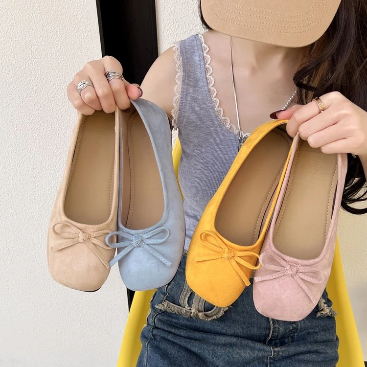 蝴蝶结浅口方头平底单鞋女方口鞋平底鞋百搭芭蕾风