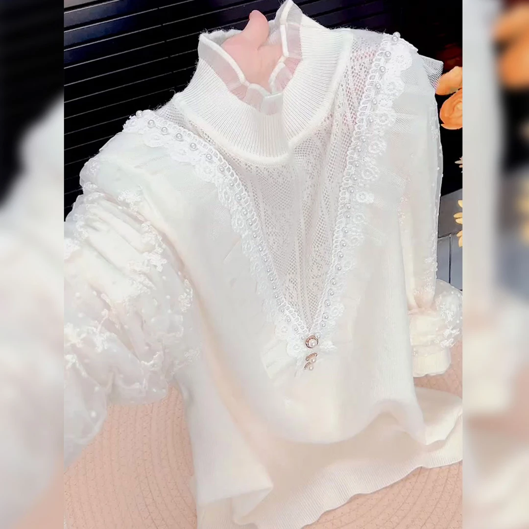 2025法式温柔风钉珠蕾丝拼接长袖针织衫女高级感轻奢大码显瘦上衣
