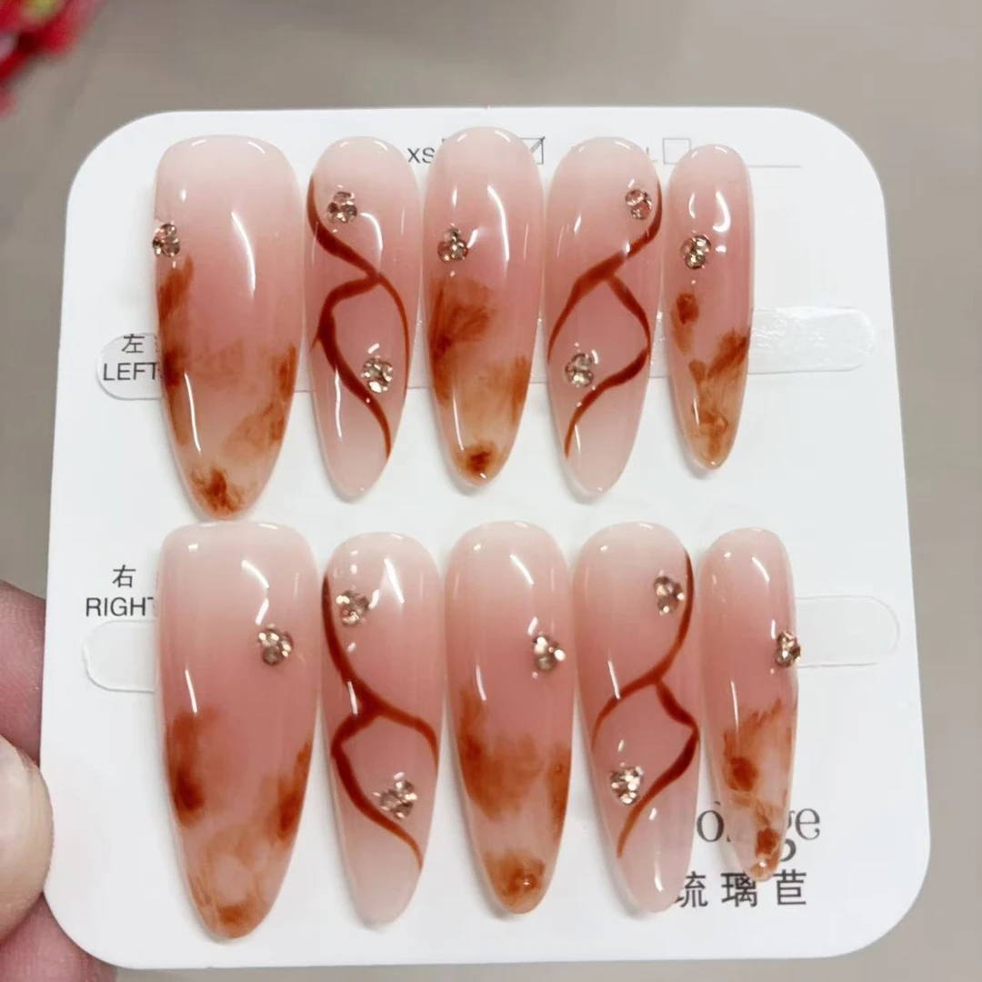 琥珀火焰  琉璃苣 纯手工爱心堆钻猫眼显白穿戴美甲贴片