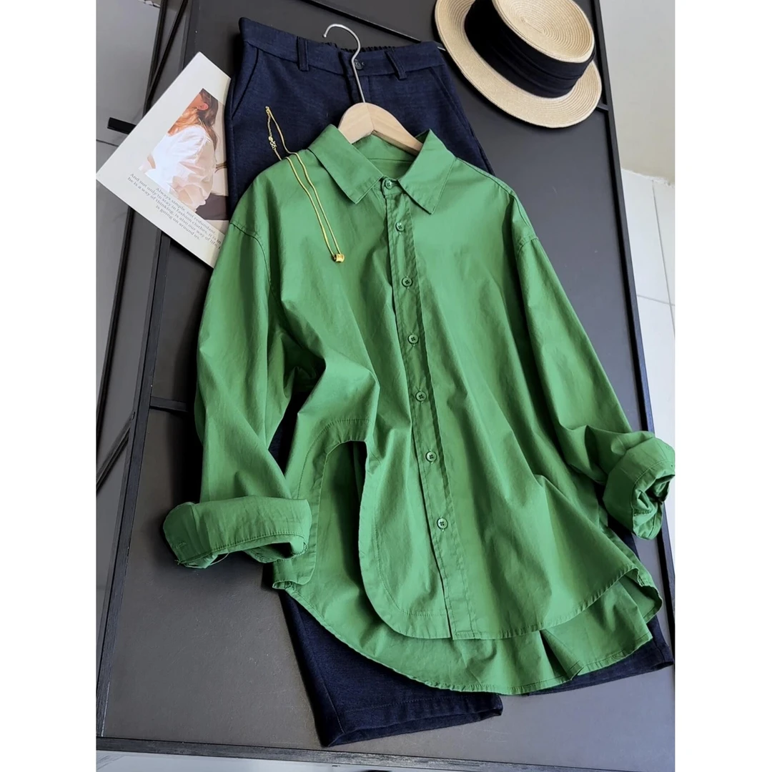 棉 复古下摆不规则衬衫女设计感小众宽松显瘦别致百搭上衣潮