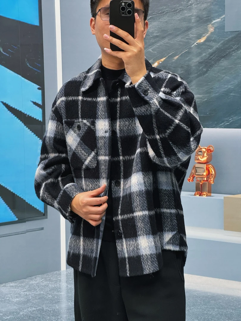 2025年男士秋冬季新款格子双面尼梭织印染加厚休闲时尚百搭外套
