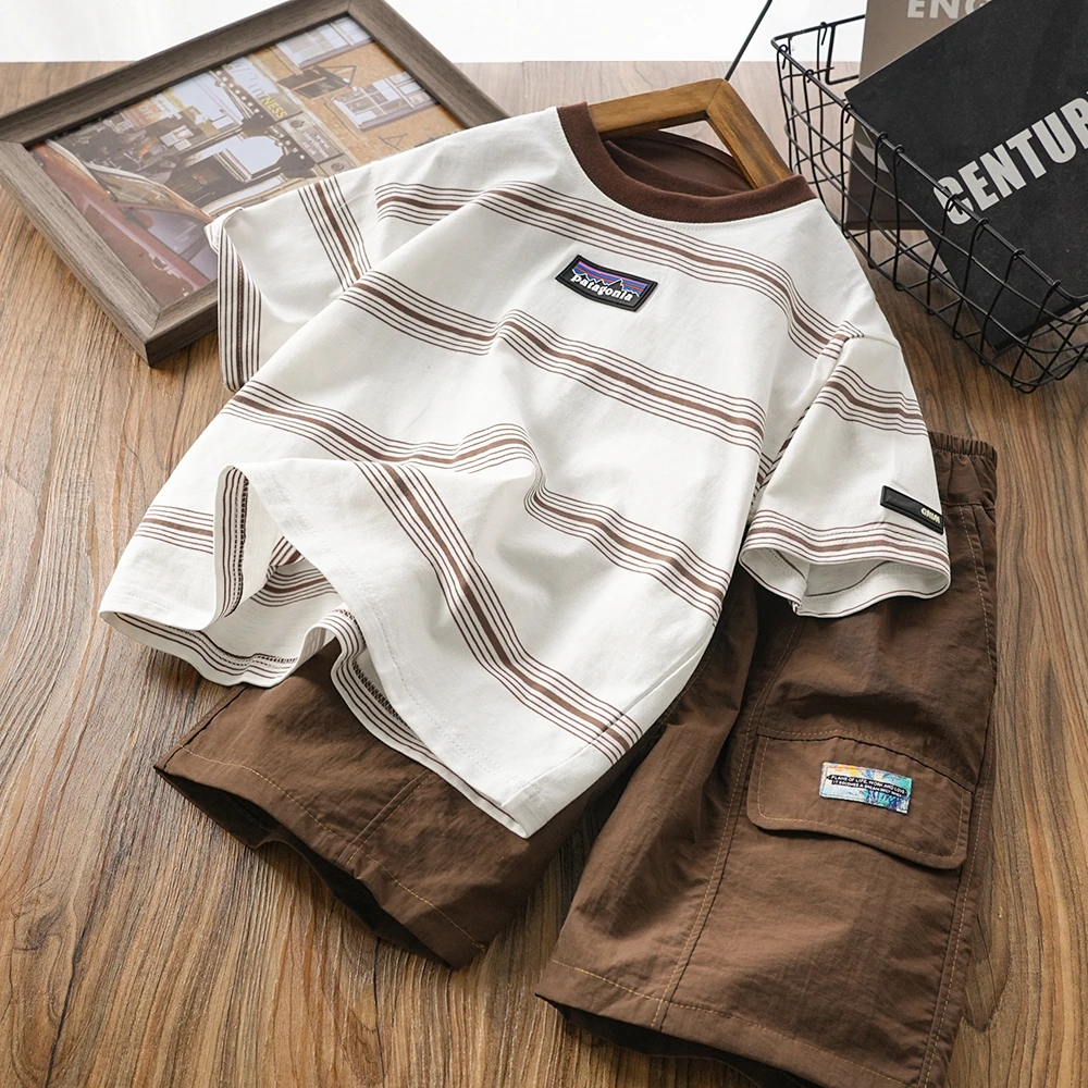 儿童男童夏季新款贴标条纹短袖套装百搭中大童两件套S601