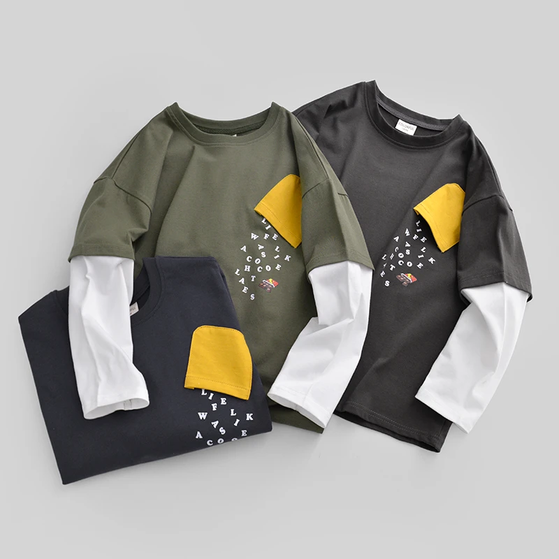 童装2025春季新款男童长袖t恤纯棉中大童假两件百搭套头上衣韩版