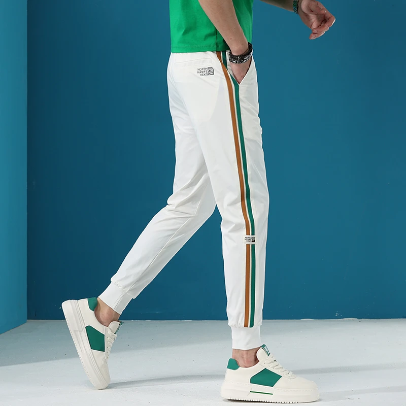夏季新款冰丝休闲裤男薄款卫裤男潮流条纹拼接束脚男装轻奢运动裤