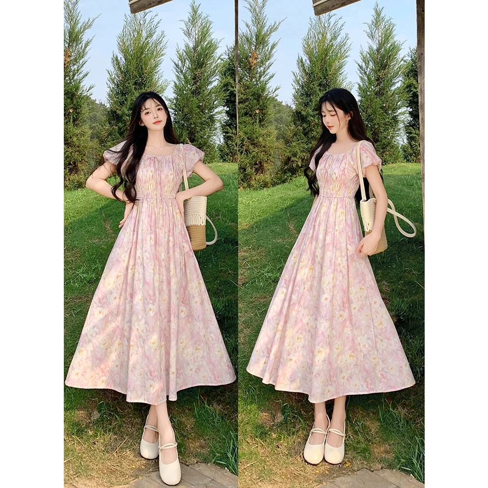 大码法式茶歇夏新款气质收腰遮肚子长裙泡泡袖甜美长裙