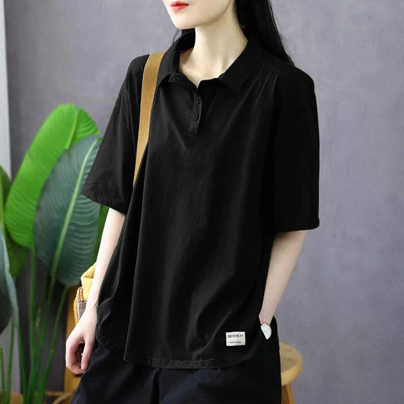 新款夏季大码翻领潮白色Polo领上衣中长款宽松ins潮春日松弛感