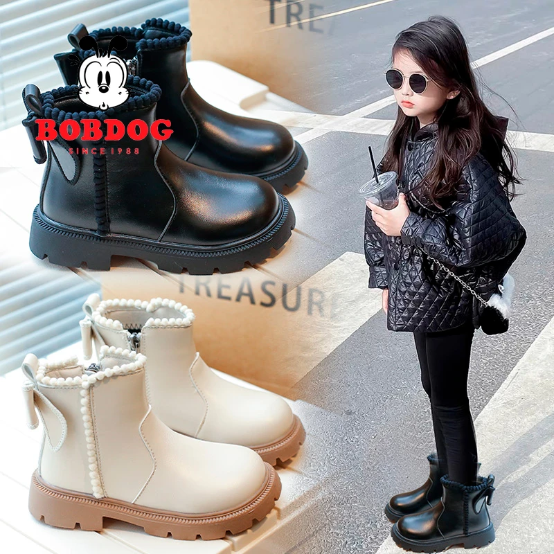 巴布豆女童短靴2025秋冬季新款儿童马丁靴中大童二棉鞋加绒皮靴