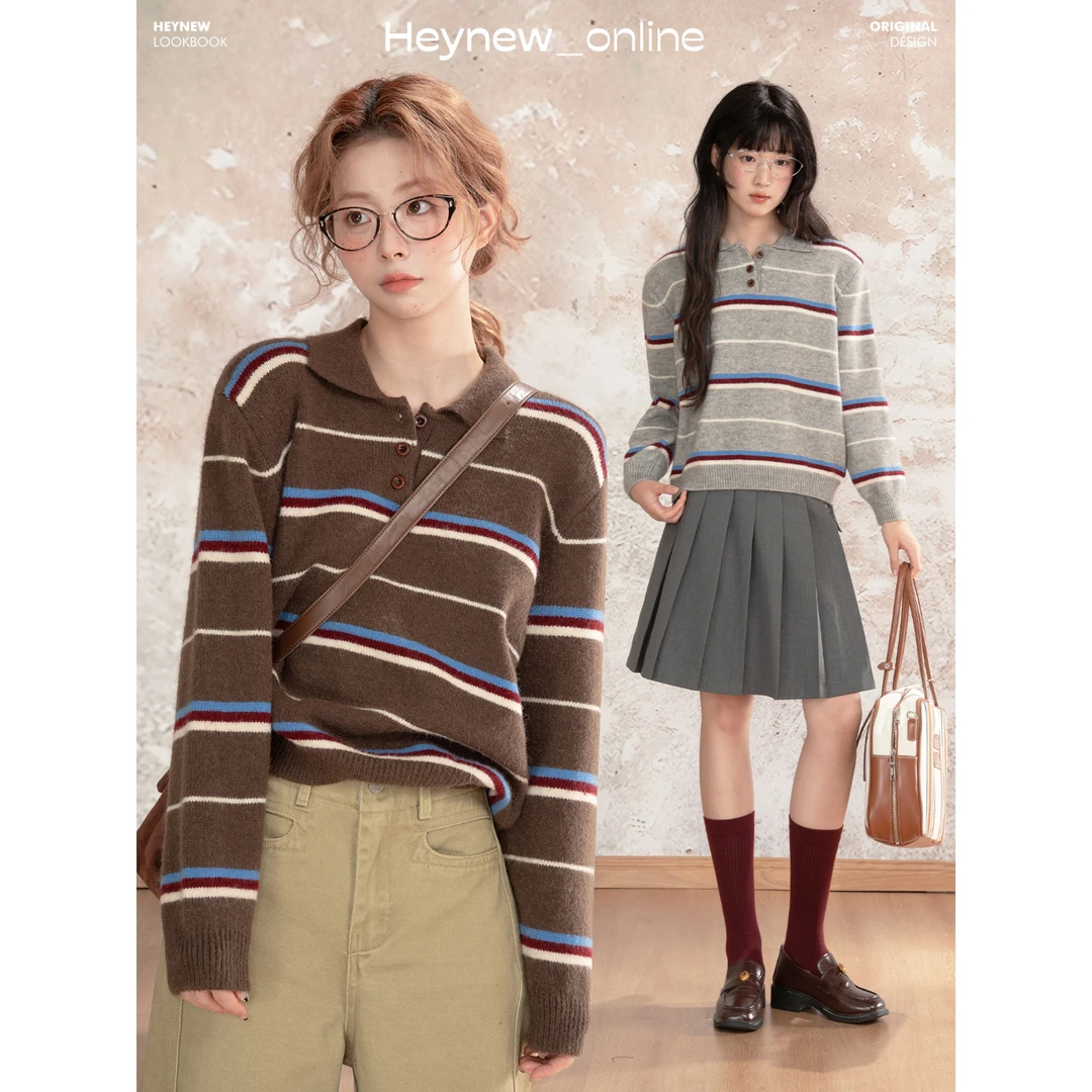 【HEYNEW黑妞】韩系撞色条纹Polo领复古慵懒感女秋季套头毛衣5Q439