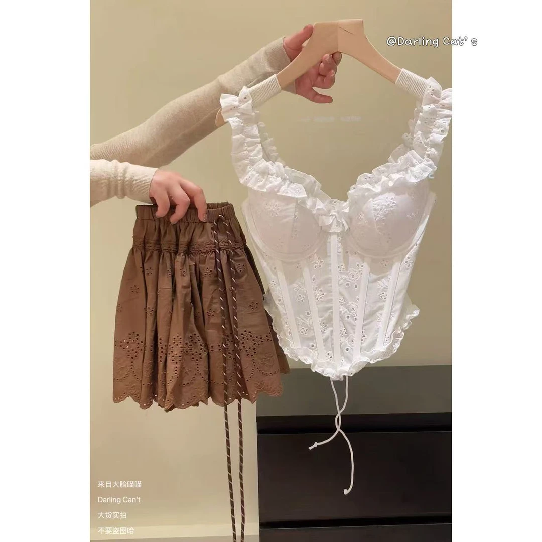 大脸喵 初恋月光"带胸垫"有鱼骨 蕾丝吊带上衣海边度假抹胸背心