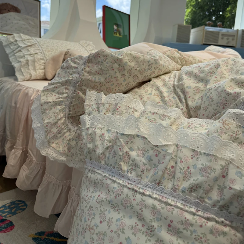 易安阁少女韩式花边粉色小碎花床裙四件套纯棉1.5m1.8米被套床单