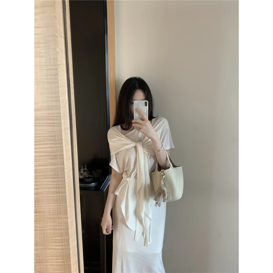 超火麻棉三件套披肩套装女气质开衫T恤半身裙夏季显瘦套装气质时