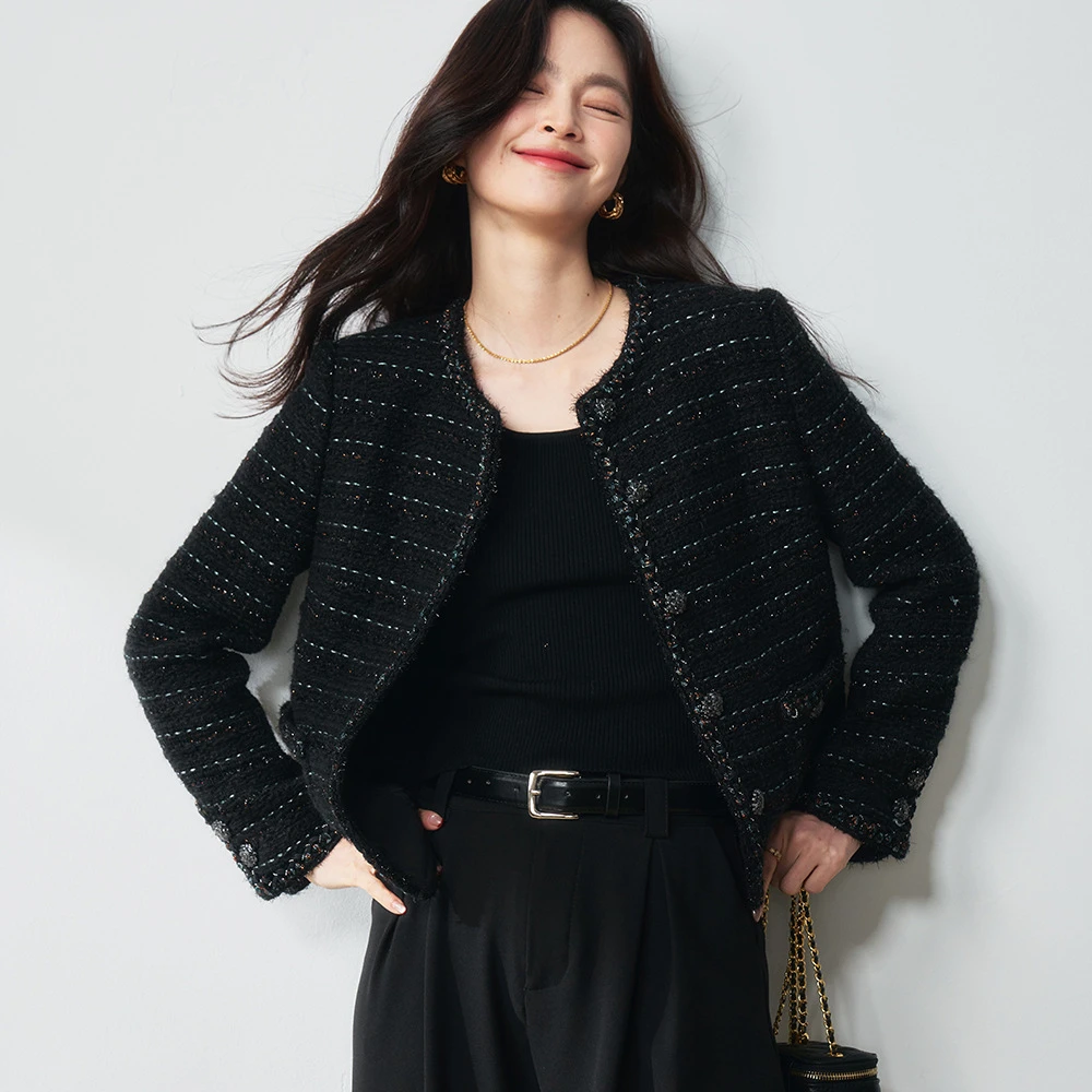 25秋黑亮丝羊毛条纹手工编织女装设计感圆领小香风外套18265