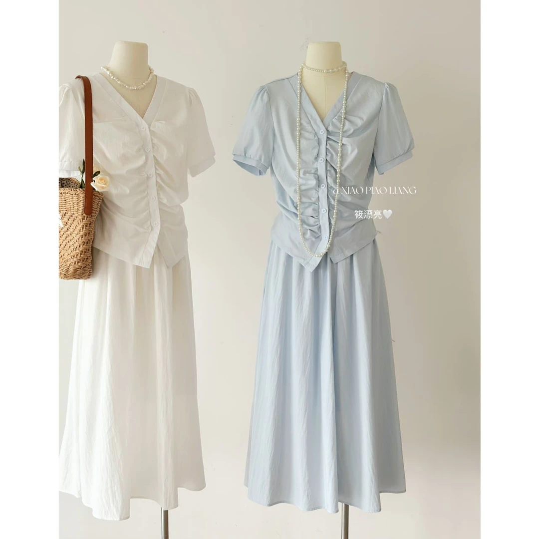 韩系V领褶皱设计感小衫半身裙套装时尚甜美减龄两件套5399#0.1