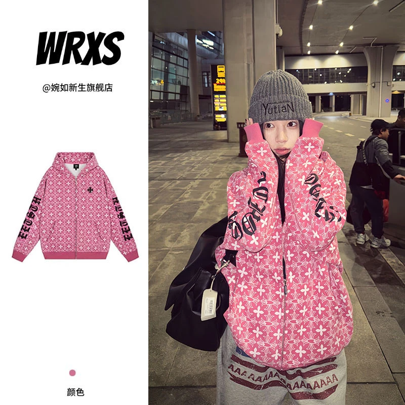 【婉如新生】美式复古印花十字架印花连帽卫衣新款2025秋冬拼接外套