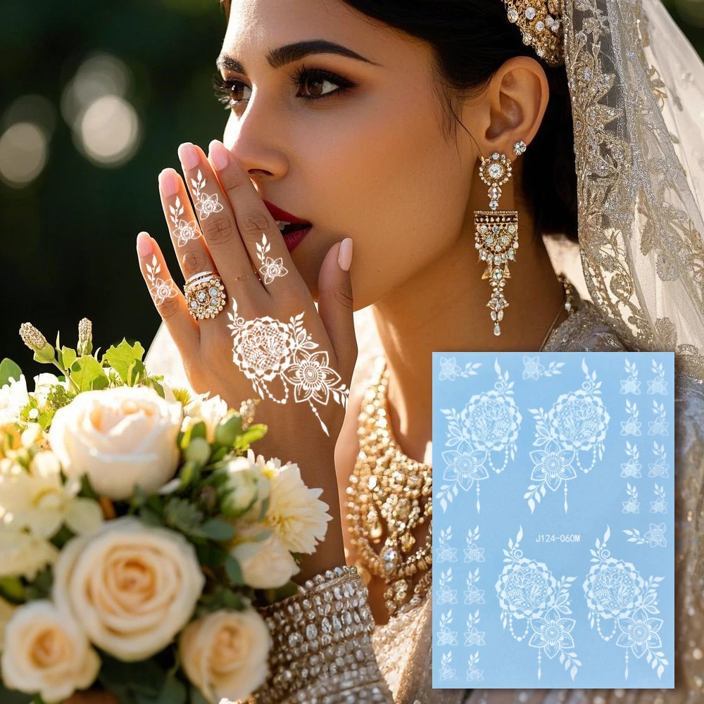 手背纹身贴跨境白色海娜蕾丝防水手部花卉印度指甲贴儿童贴纸贴纸