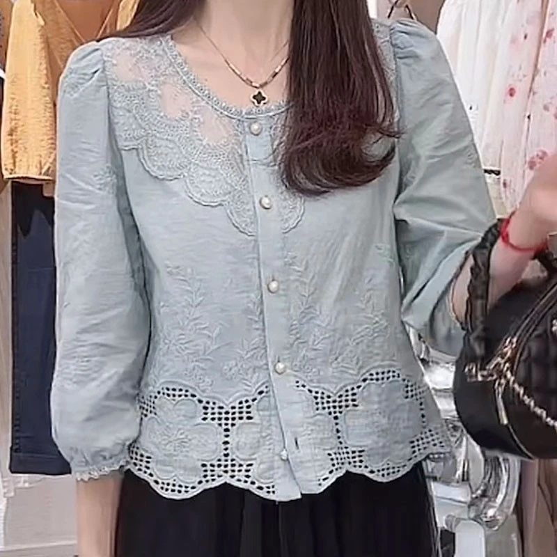 季念100%棉新款早秋刺绣七分袖衬衫新款淑女小衫宽松甜美百搭上衣