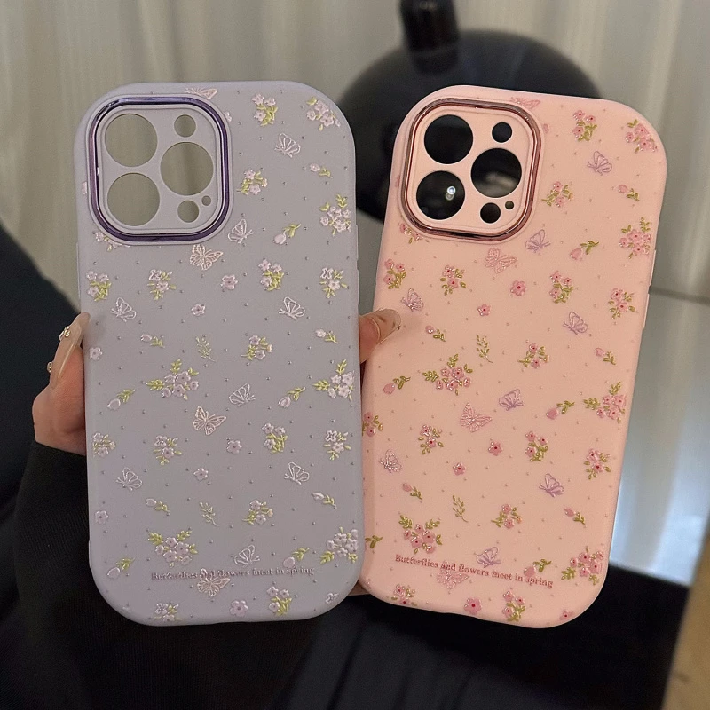 适用苹果15金属小胖妹Phone16手机壳华为p波点碎花蝴蝶新款mate70