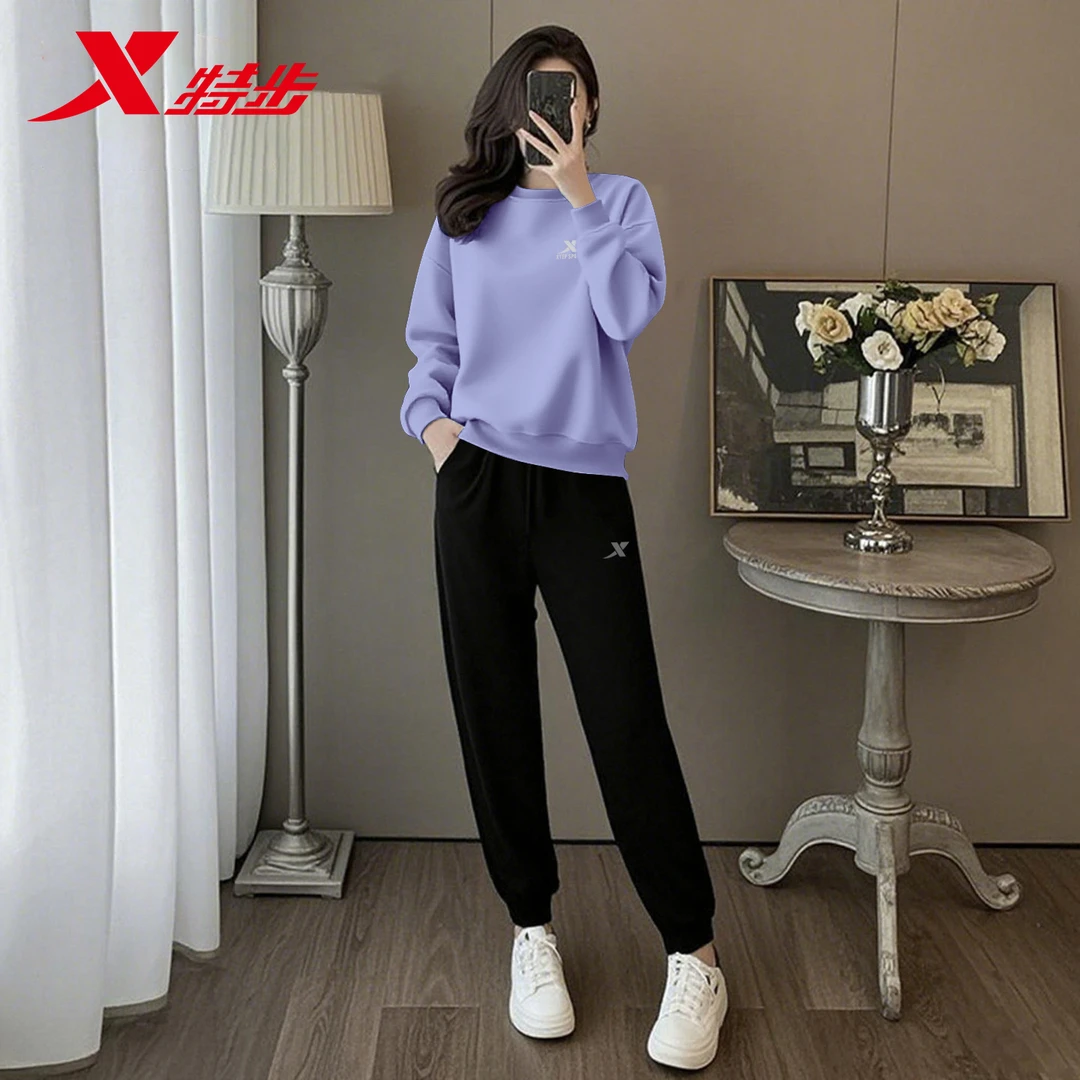 特步运动套装女士春秋冬季圆领卫衣小脚卫裤跑步运动服两件套女装