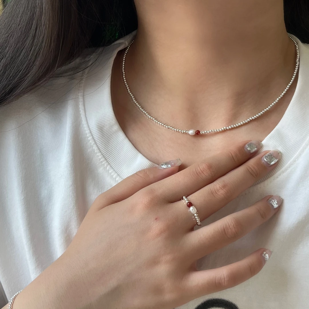 坠链均925银 韩ins时尚百搭气质简约 珠珠红闹项链