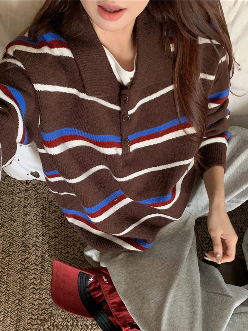 秋冬时髦条纹Polo翻领针织衫女宽松纽扣撞色毛衣ins百搭减龄上衣