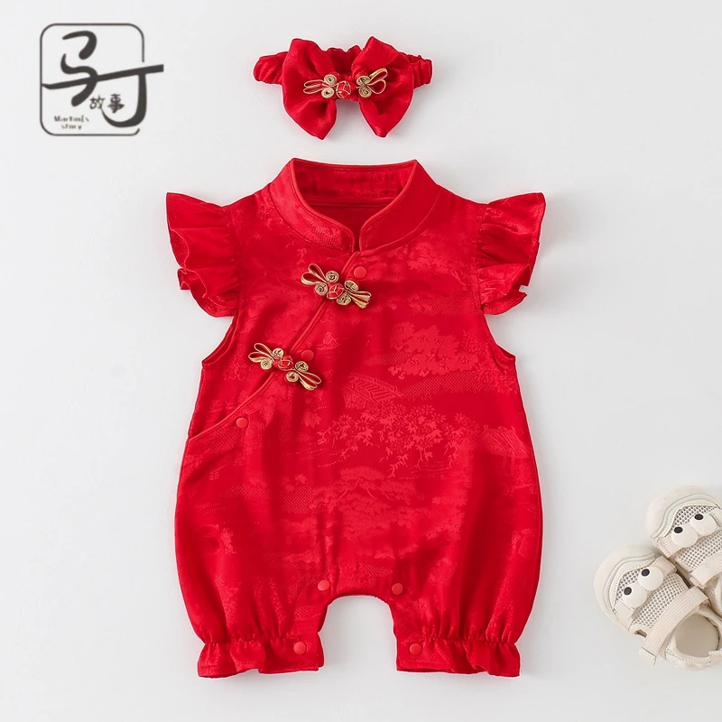 婴儿衣服夏装连体衣女宝宝夏季飞袖薄款旗袍连体衣国风百天周岁服