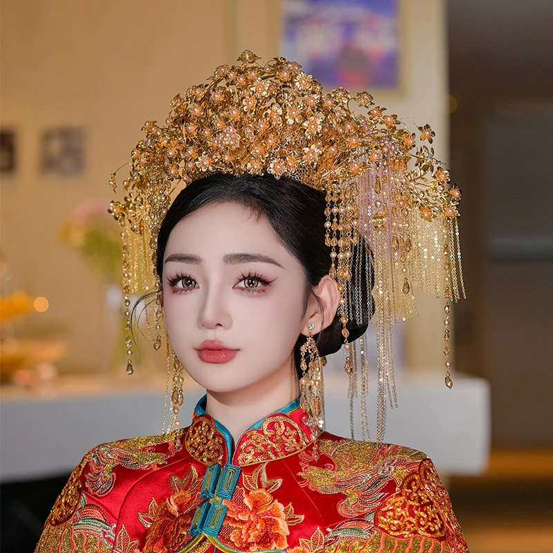 合金婚庆饰品 新娘金色凤冠龙凤褂中式华丽前后花朵流苏发饰8222