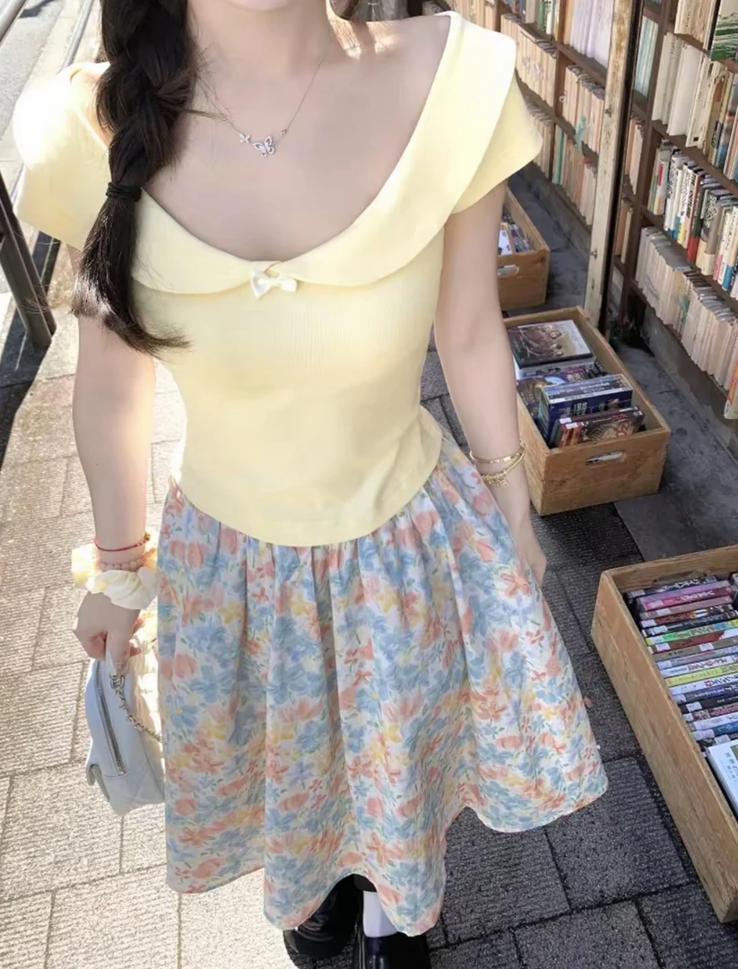 【现货】昭和doll感蝴蝶结少女感日系风短款T恤碎花半身裙中裙套装