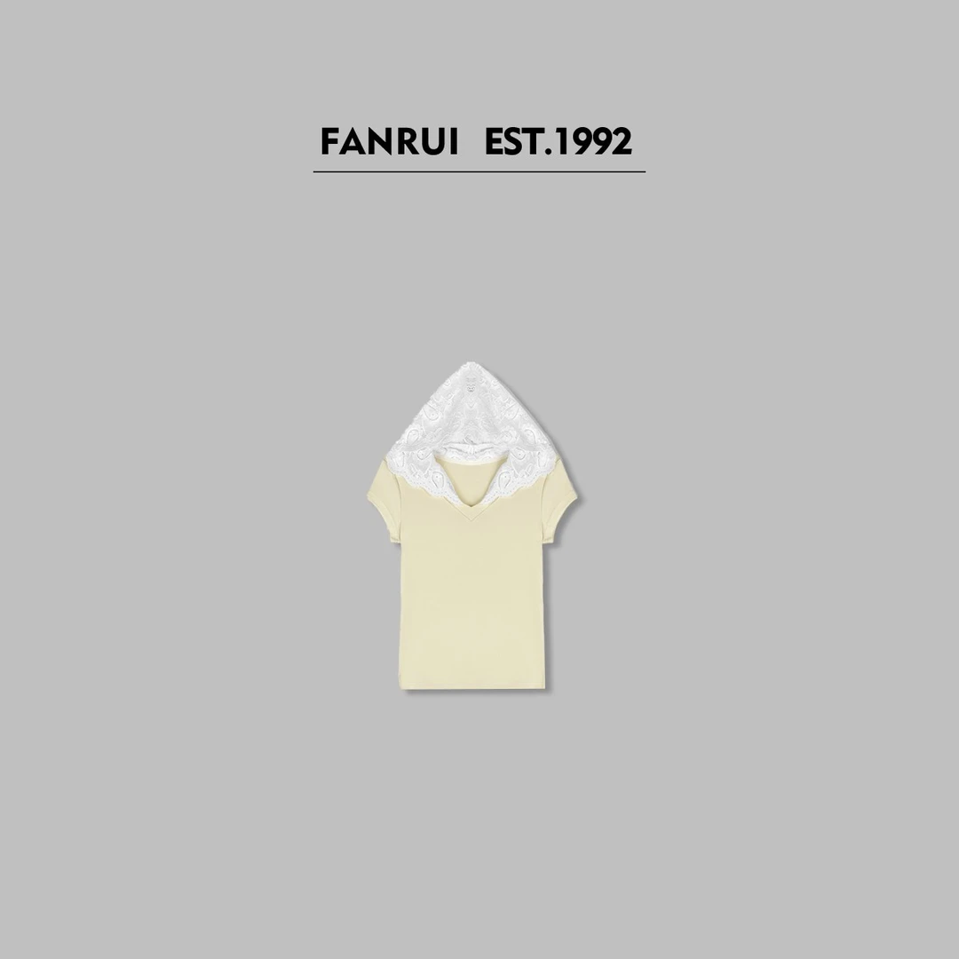 FANRUI/泛芮「心动初见 」精梳棉蕾丝百搭显瘦短袖T恤女B14731