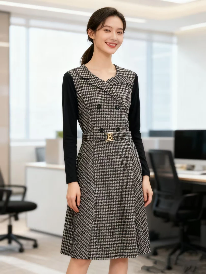 包臀裙秋季拉链法式轻职风连衣裙收腰修身格子格纹