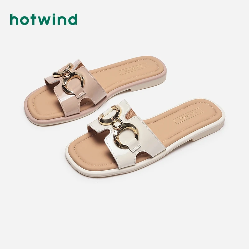 热风25年夏季女外穿软底方口法式金属扣一字拖平底拖鞋H51W4219