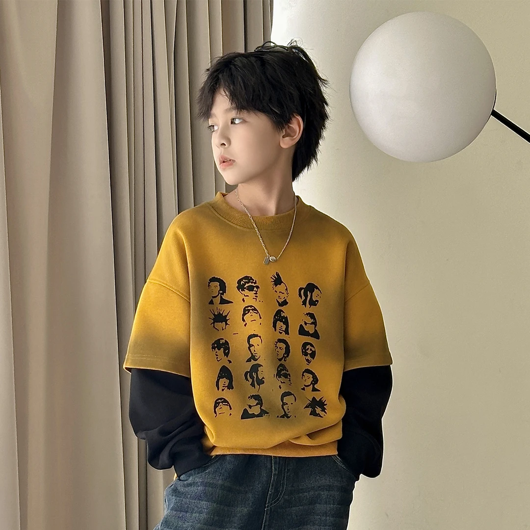 男童春秋款卫衣2025新款儿童秋装假两件上衣宽松男孩炸街帅洋气潮