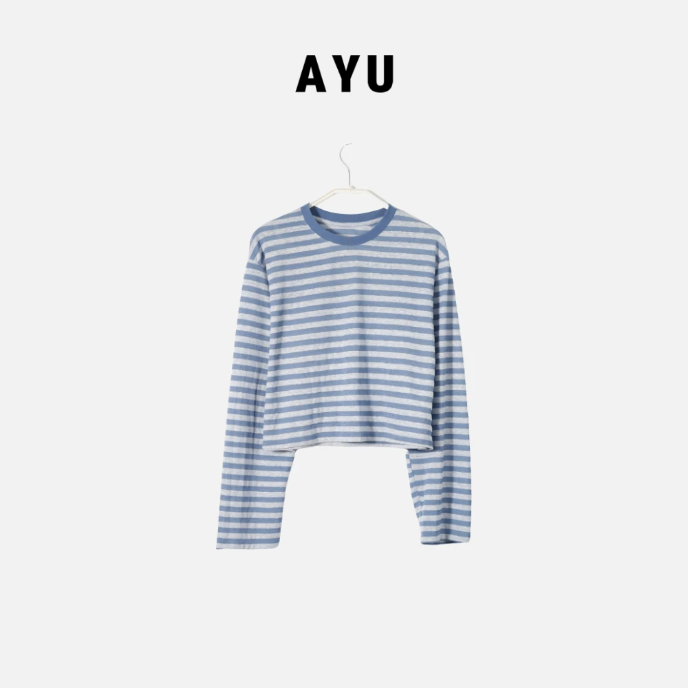 阿玉家&韩系高品质圆领横条纹长袖防晒T恤短款亲肤上衣#7200