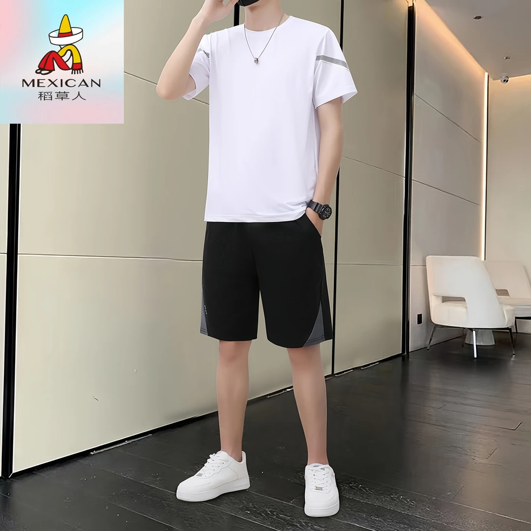 Mexican/稻草人男冰丝速干短袖t恤运动套装夏季休闲薄款两件套潮