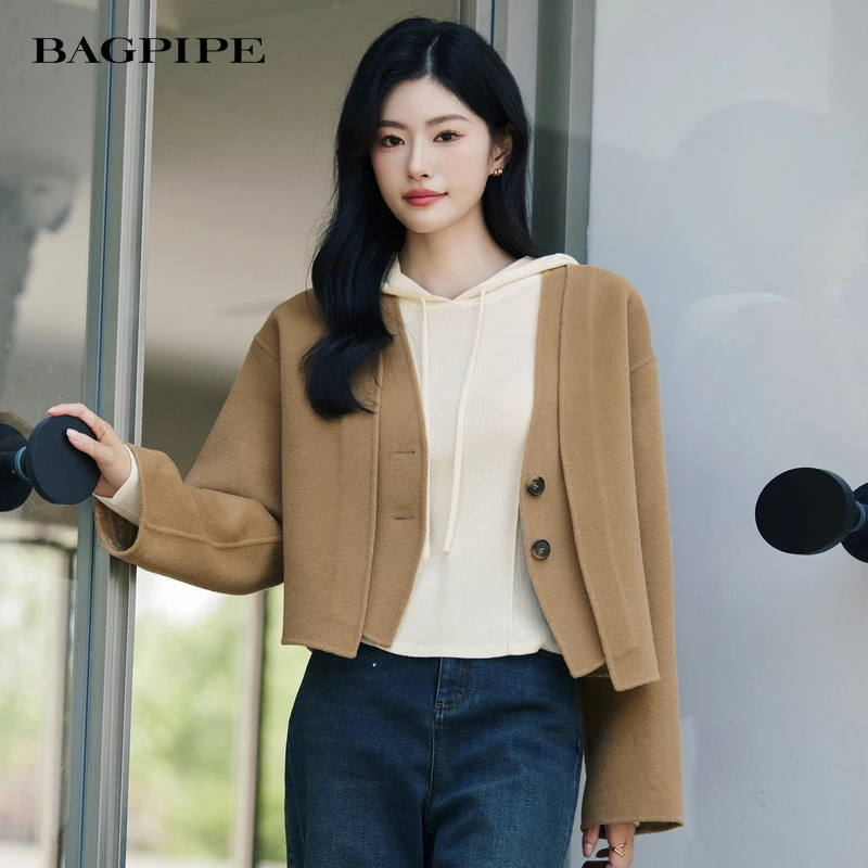 风笛2025冬季新款100绵羊毛短款气质外套女假两件设计感毛呢外衣