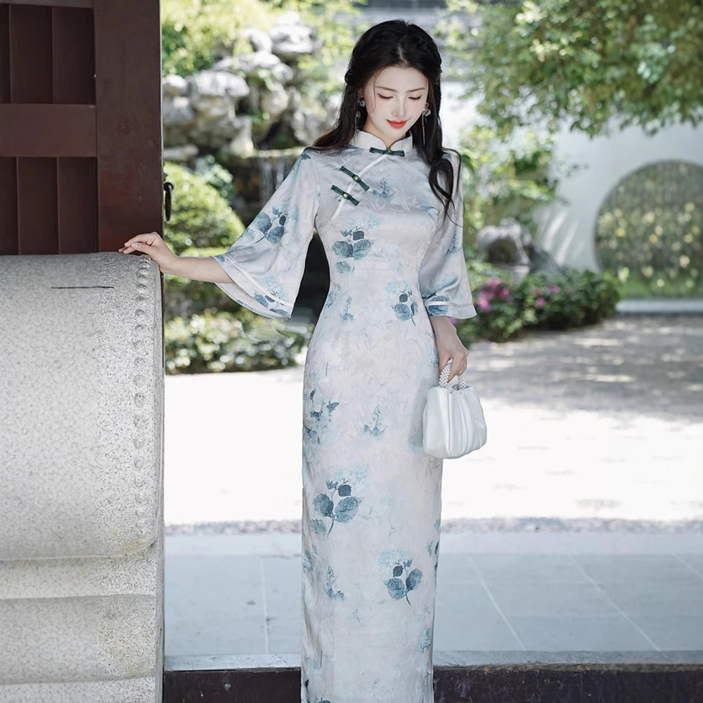 ycfs1612新中式提花倒大袖旗袍连衣裙女复古立领盘扣修身开叉长裙