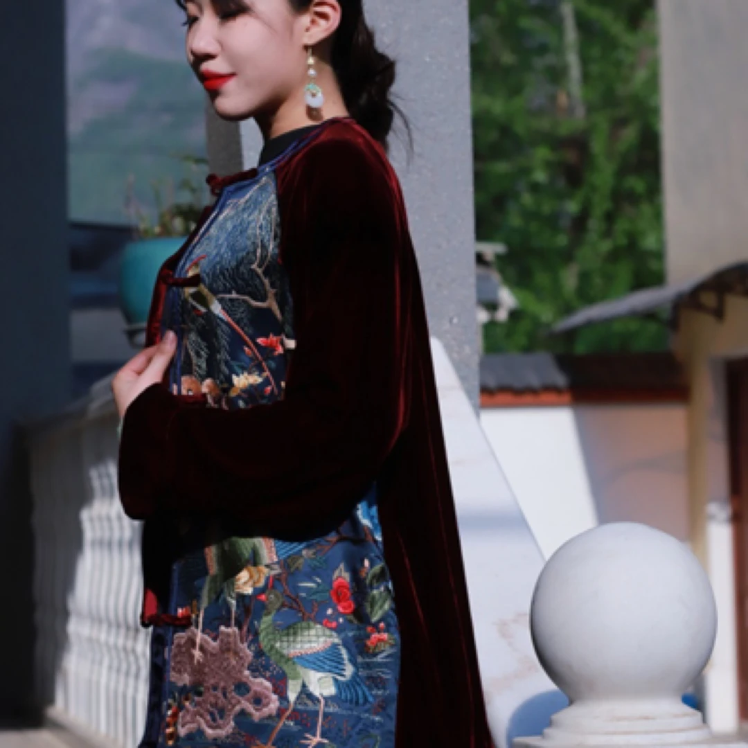 龍熹堂｜手工刺绣经典百鸟图京绣细绣开襟设计款丝绒高端精品上衣