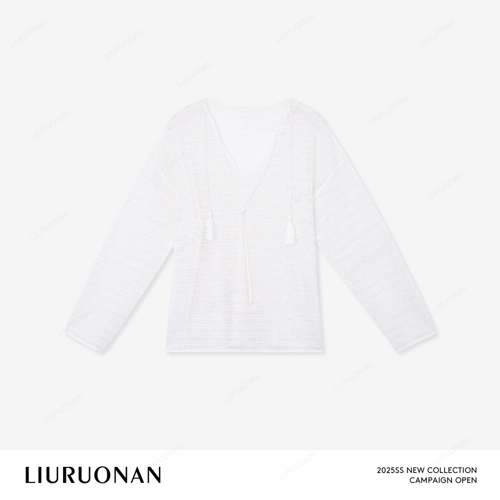 LIURUONAN 25SS【流苏罩衫】镂空微透轻薄松弛感V领系绳长袖上衣