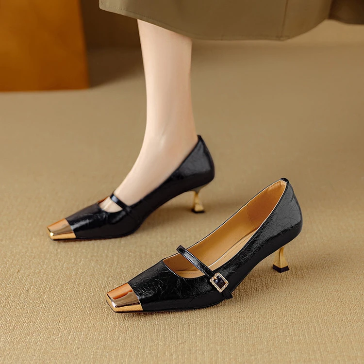 里外纯皮～牛皮5cm方头金属方头中跟百搭女舒适玛丽珍单鞋春秋细跟