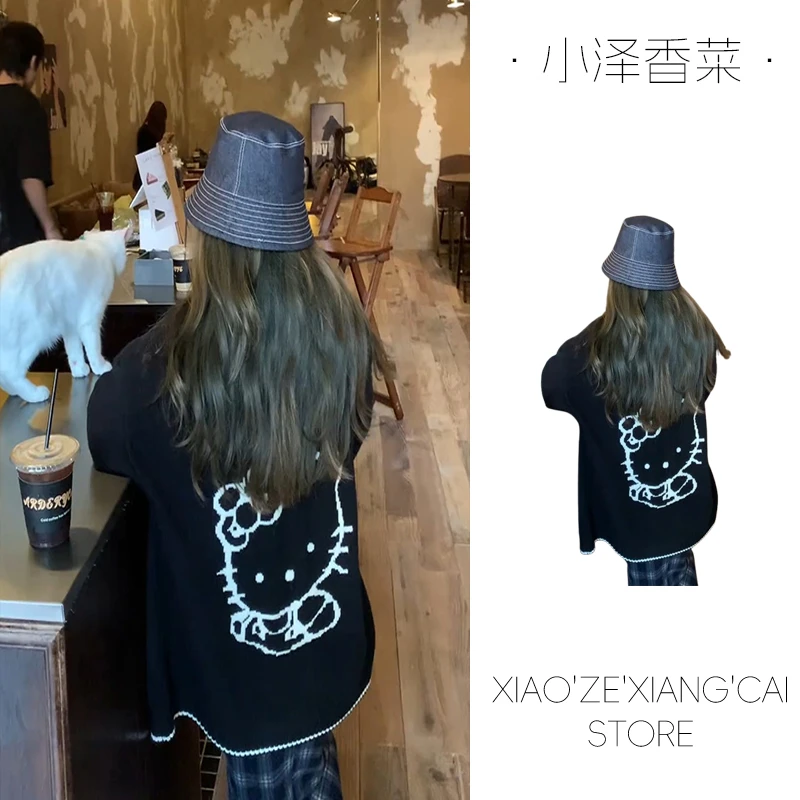 法式翻领猫咪黑色长袖针织开衫女秋冬慵懒风毛衣外套早秋chic上衣