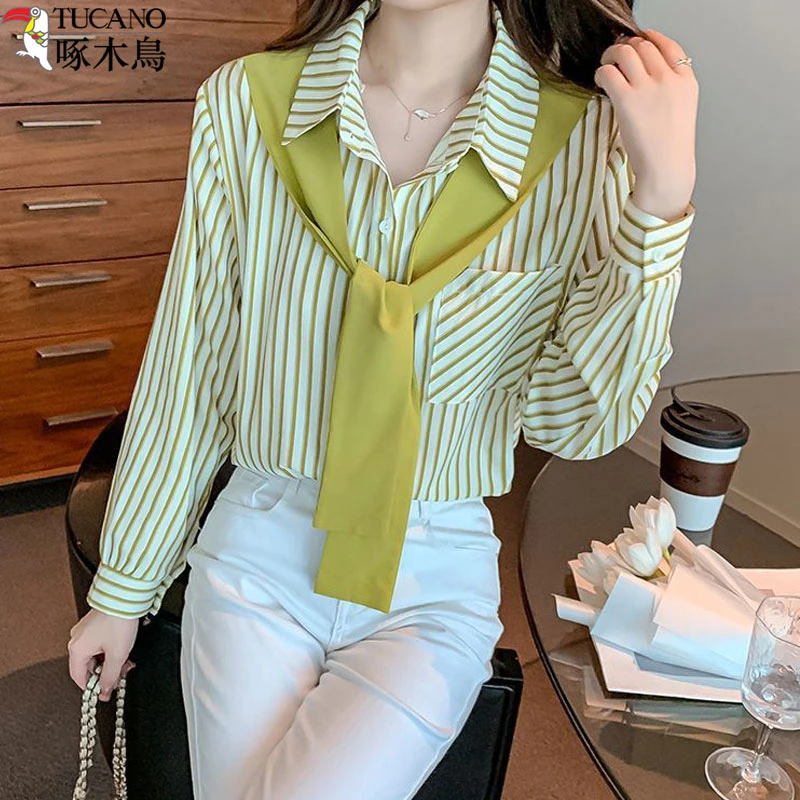 TUCANO/啄木鳥条纹衬衫女2025春款披肩衬衣设计感宽松上衣假两件