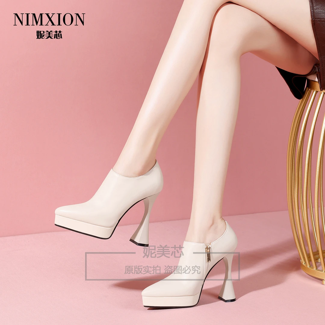 轻奢高端12cm深口单鞋粗跟尖头春秋单靴真皮防水台时尚百搭高跟鞋