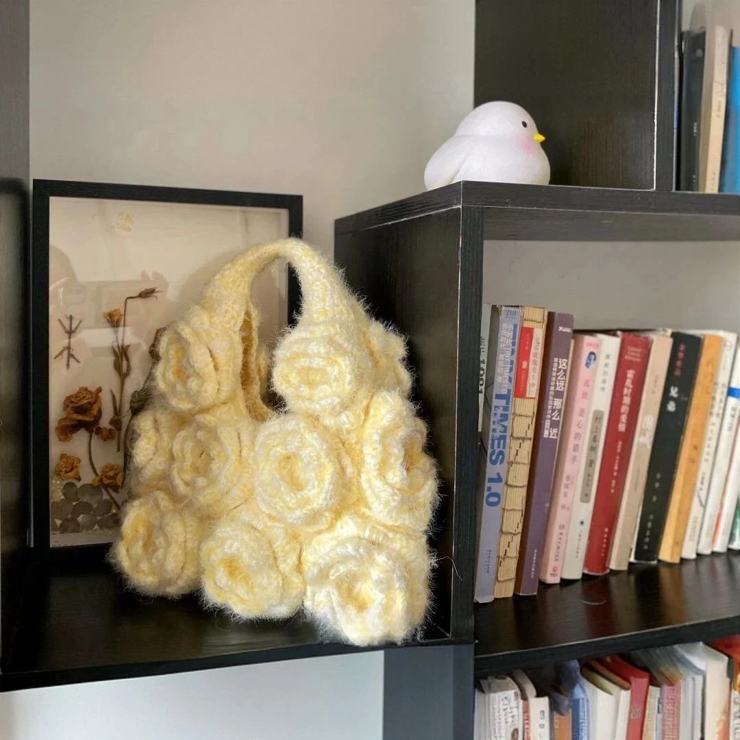 玫瑰包包钩针diy材料包爆款钩织复古奶黄色玫瑰包手提包手工编织