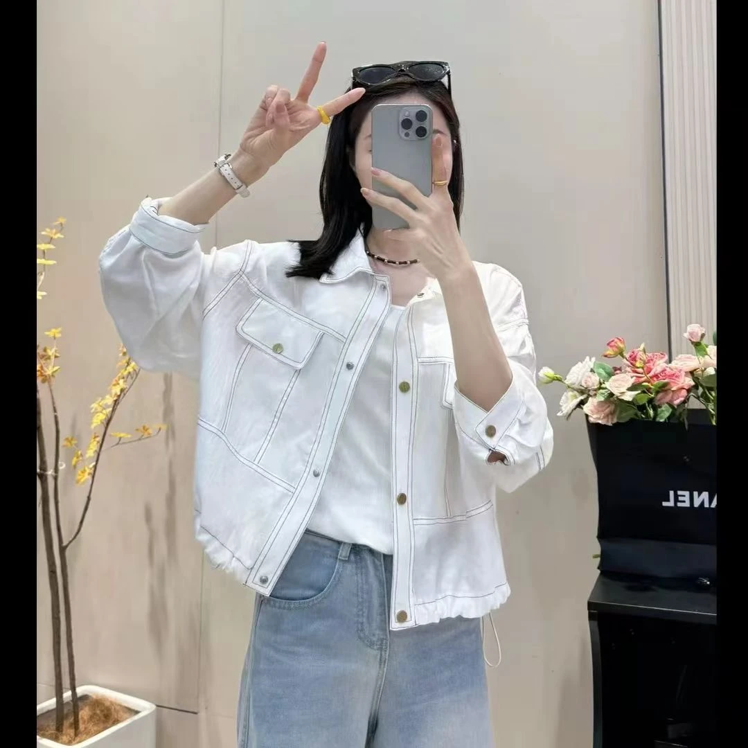 2025夏防晒衣翻领衬衫短外套女工装夹克抽绳显瘦休闲百搭上衣