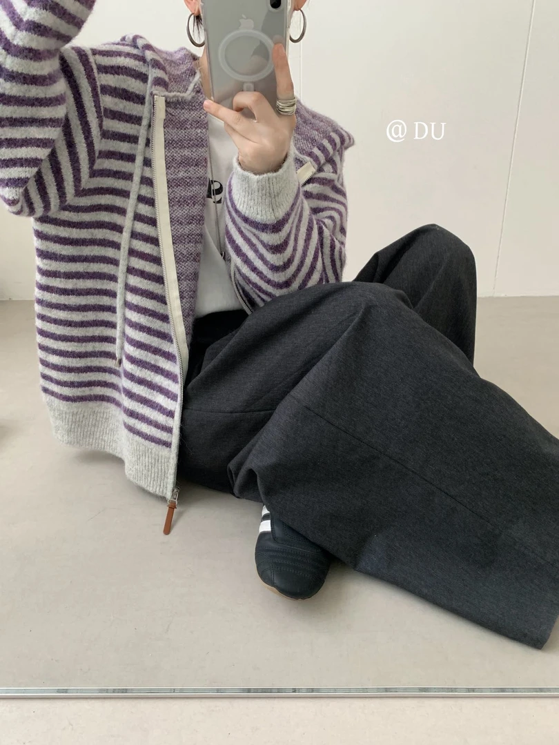 059慵懒风条纹毛衣卫衣女2025新款秋冬外套宽松针织开衫上衣