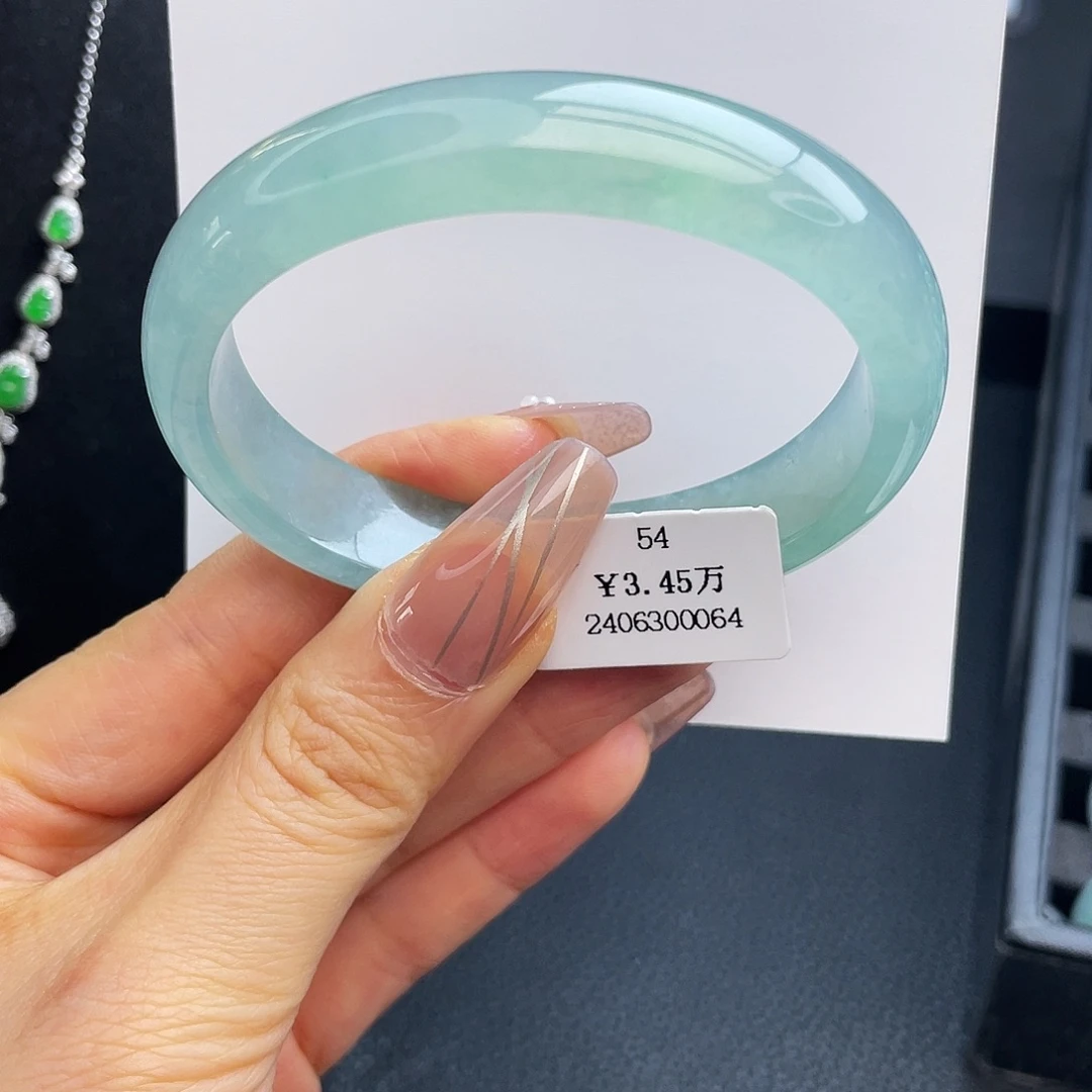 翡翠未镶嵌手镯54圈正冰晴水绿贵妃镯