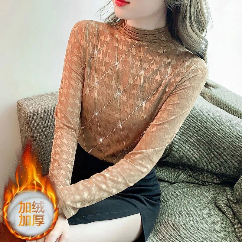 奥特莱斯加绒高档加厚显瘦薄款时尚高法式高领加绒蕾丝打底衫