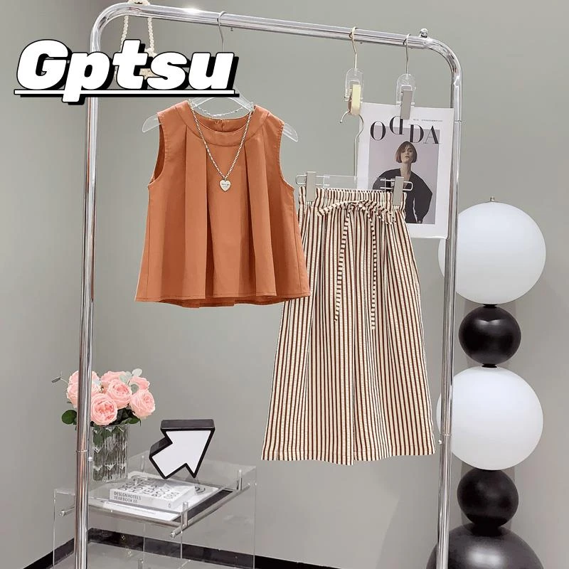 GPTSu女童装套装儿童2025新款女大童卡其色无袖背心阔腿裤两件套