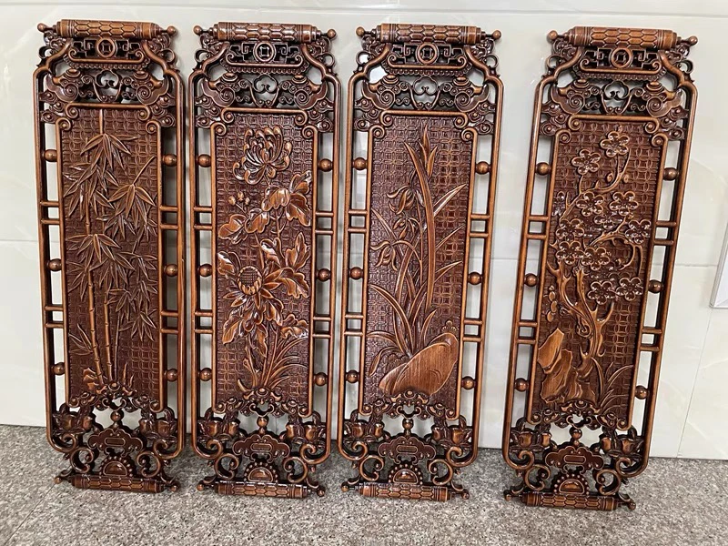 实木25×80梅兰竹菊浮雕木雕挂件香樟木客厅壁挂实木雕刻